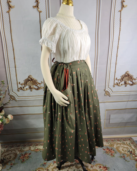 Midi Pleated Skirt Tea Length Drawstring Skirt with Pockets- Mushroom Prints