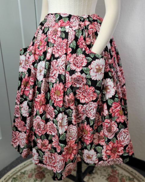 Midi Pleated Skirt Tea Length Drawstring Skirt with Pockets-Floral Prints