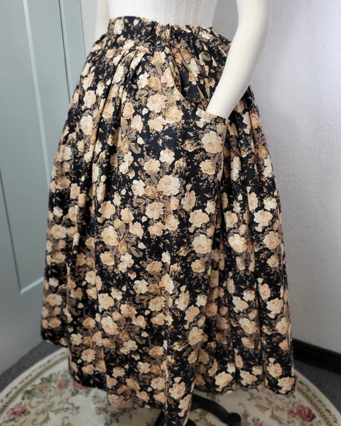 Midi Pleated Skirt Tea Length Drawstring Skirt with Pockets-Floral Prints