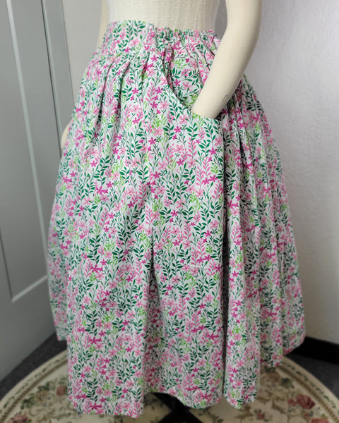 Midi Pleated Skirt Tea Length Drawstring Skirt with Pockets-Floral Prints