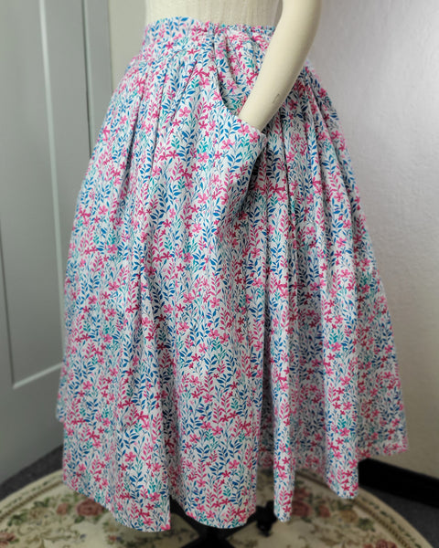 Midi Pleated Skirt Tea Length Drawstring Skirt with Pockets-Floral Prints