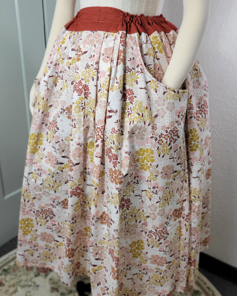 Midi Pleated Skirt Tea Length Drawstring Skirt with Pockets-Floral Prints