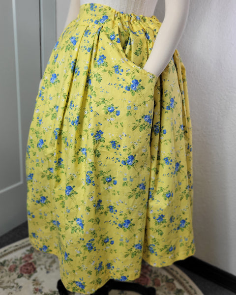 Midi Pleated Skirt Tea Length Drawstring Skirt with Pockets-Floral Prints
