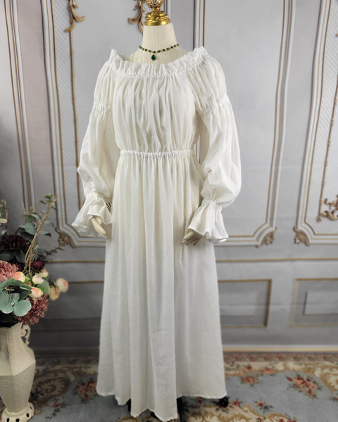Cotton Gauze Chemise Dress - Full Length- Long Puffed Sleeve