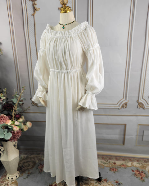Cotton Gauze Chemise Dress - Full Length- Long Puffed Sleeve
