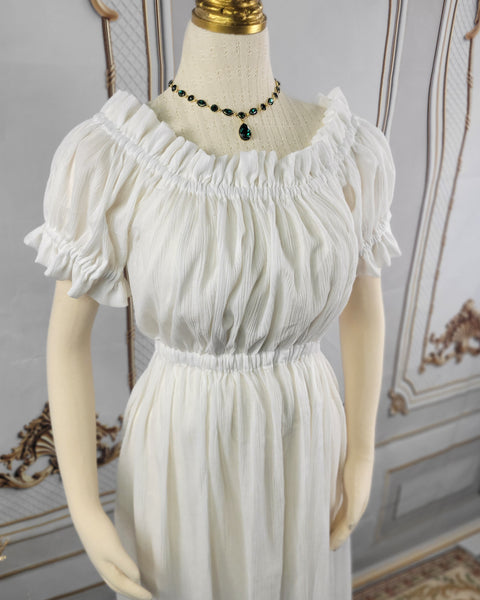 Cotton Gauze Chemise Dress - Full Length- Short Ruffled Sleeve