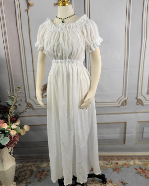 Cotton Gauze Chemise Dress - Full Length- Short Ruffled Sleeve