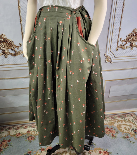 Midi Pleated Skirt Tea Length Drawstring Skirt with Pockets- Mushroom Prints