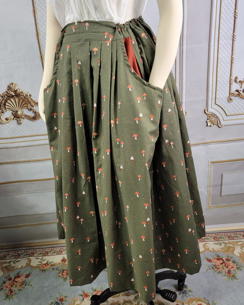 Midi Pleated Skirt Tea Length Drawstring Skirt with Pockets- Mushroom Prints
