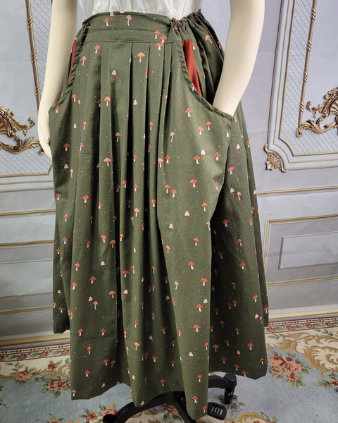 Midi Pleated Skirt Tea Length Drawstring Skirt with Pockets- Mushroom Prints