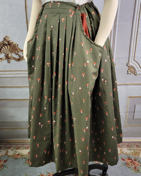 Midi Pleated Skirt Tea Length Drawstring Skirt with Pockets- Mushroom Prints