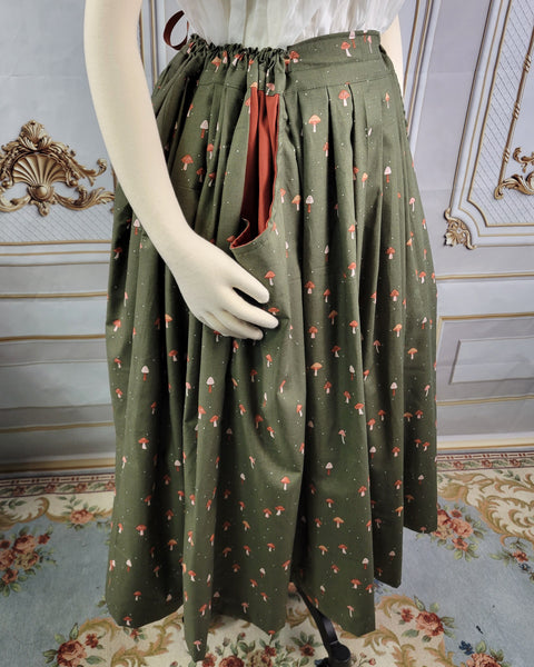 Midi Pleated Skirt Tea Length Drawstring Skirt with Pockets- Mushroom Prints