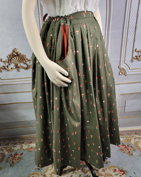Midi Pleated Skirt Tea Length Drawstring Skirt with Pockets- Mushroom Prints