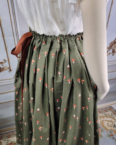 Midi Pleated Skirt Tea Length Drawstring Skirt with Pockets- Mushroom Prints