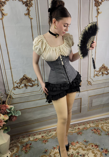 Under Bust Corset -  Pirate Tails - Black and Silver - Floral Print Lining
