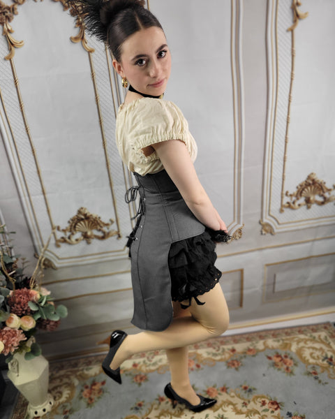 Under Bust Corset -  Pirate Tails - Black and Silver - Floral Print Lining