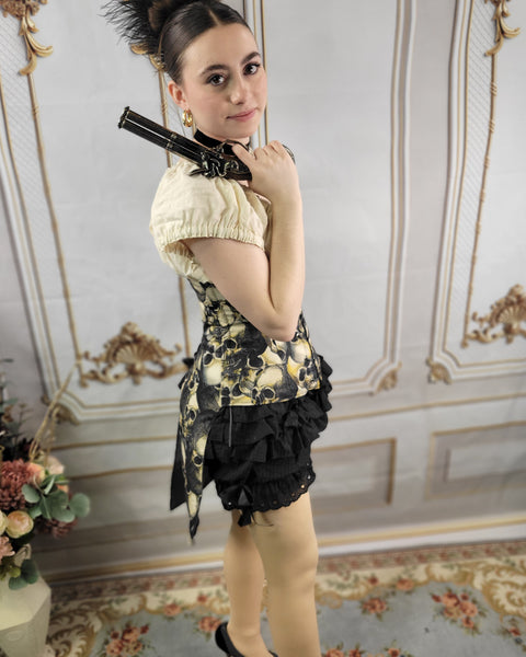 Under Bust Corset -  Pirate Tails - Black and Silver - Skull Print Lining