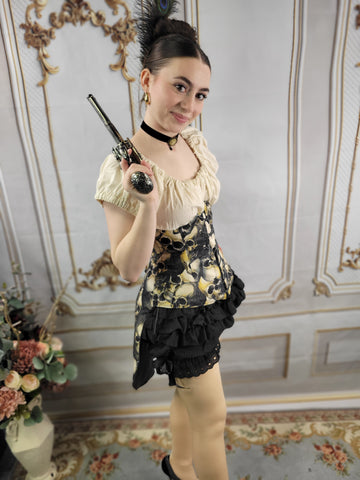 Under Bust Corset -  Pirate Tails - Black and Silver - Skull Print Lining