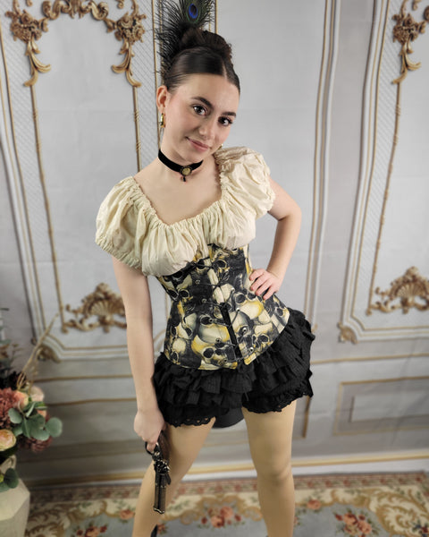 Under Bust Corset -  Pirate Tails - Black and Silver - Skull Print Lining