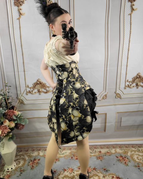 Under Bust Corset -  Pirate Tails - Black and Silver - Skull Print Lining