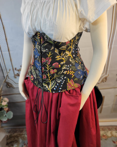 Under Bust Corset -  Pirate Tails - Black and Silver - Floral Print Lining