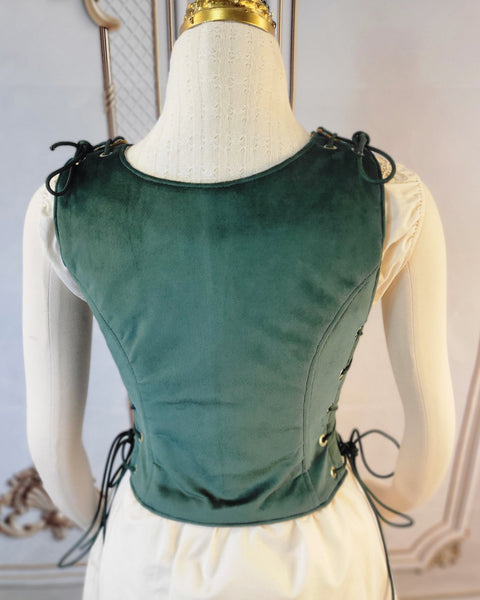 High Back Classic Bodice - Hunter Green Velveteen with Gold Trim