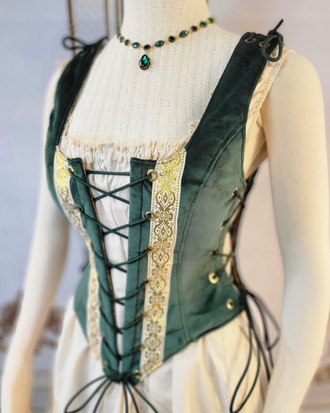 High Back Classic Bodice - Hunter Green Velveteen with Gold Trim