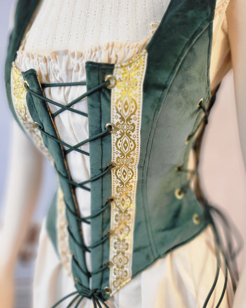 High Back Classic Bodice - Hunter Green Velveteen with Gold Trim