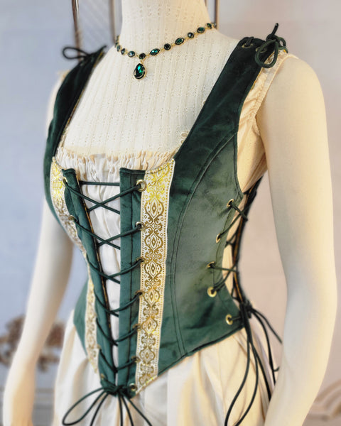 High Back Classic Bodice - Hunter Green Velveteen with Gold Trim