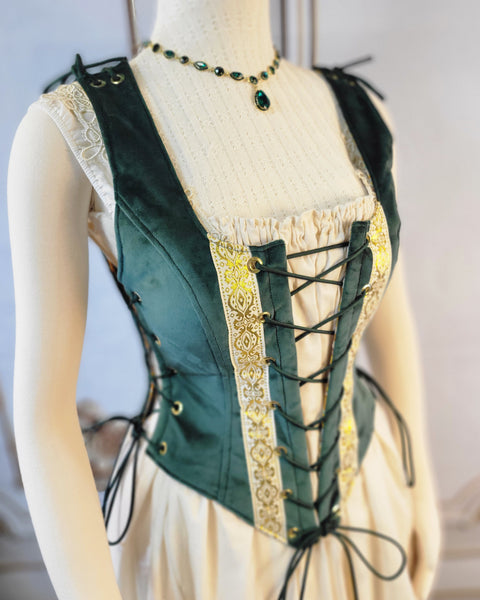 High Back Classic Bodice - Hunter Green Velveteen with Gold Trim