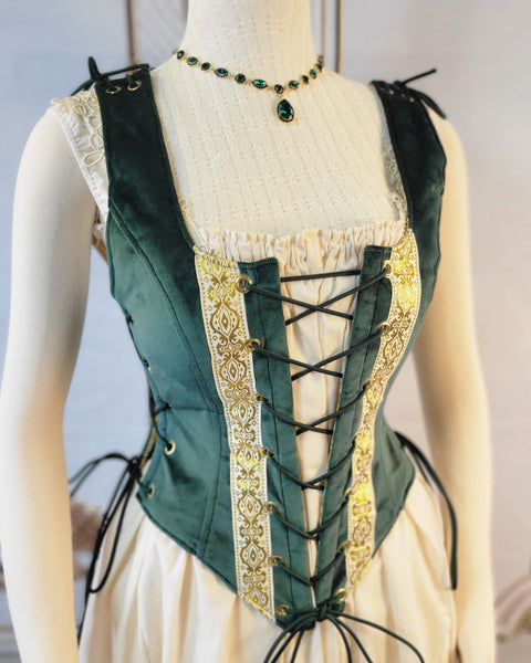 High Back Classic Bodice - Hunter Green Velveteen with Gold Trim