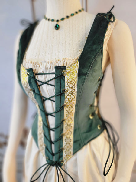 High Back Classic Bodice - Hunter Green Velveteen with Gold Trim