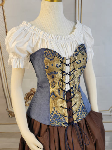 Over Bust Corset -  Blue and Gold Two Tone Chenille