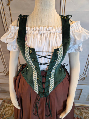 High Back Classic Bodice - Green Velveteen with Leaf Trim