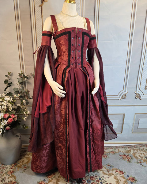 Venetian Courtesan Gown - Burgundy Silk Jacquard