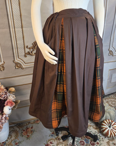 Midi Box Pleated Skirt - Tea Length Drawstring Skirt with Pockets Fall Plaid and Brown