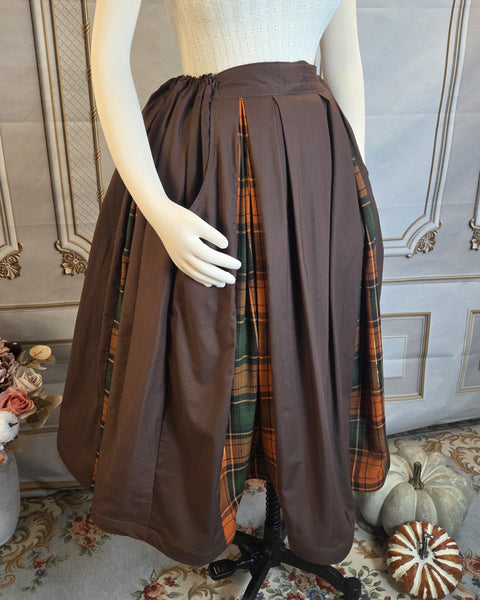 Midi Box Pleated Skirt - Tea Length Drawstring Skirt with Pockets Fall Plaid and Brown