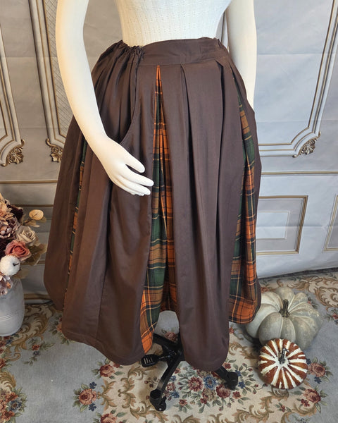 Midi Box Pleated Skirt - Tea Length Drawstring Skirt with Pockets Fall Plaid and Brown