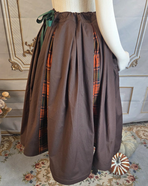 Midi Box Pleated Skirt - Tea Length Drawstring Skirt with Pockets Fall Plaid and Brown