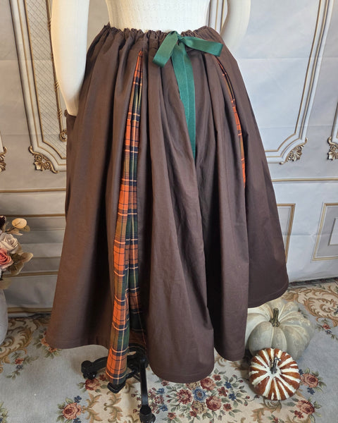 Midi Box Pleated Skirt - Tea Length Drawstring Skirt with Pockets Fall Plaid and Brown