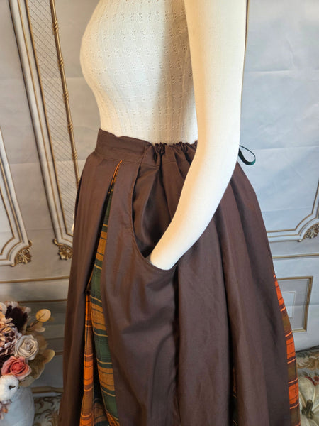 Midi Box Pleated Skirt - Tea Length Drawstring Skirt with Pockets Fall Plaid and Brown