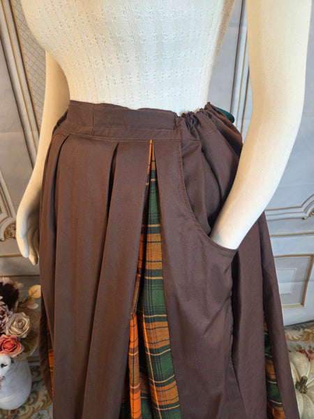 Midi Box Pleated Skirt - Tea Length Drawstring Skirt with Pockets Fall Plaid and Brown