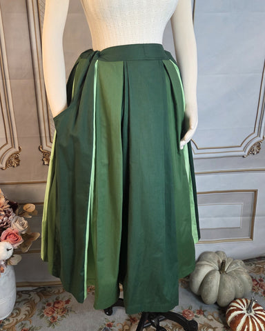 Patchwork Midi Box Pleated Skirt - Tea Length Drawstring Skirt with Pockets Shades of Green
