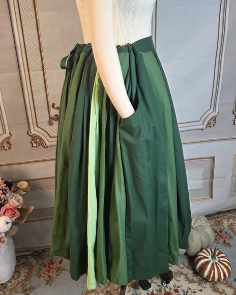 Patchwork Midi Box Pleated Skirt - Tea Length Drawstring Skirt with Pockets Shades of Green