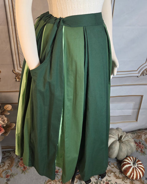 Patchwork Midi Box Pleated Skirt - Tea Length Drawstring Skirt with Pockets Shades of Green