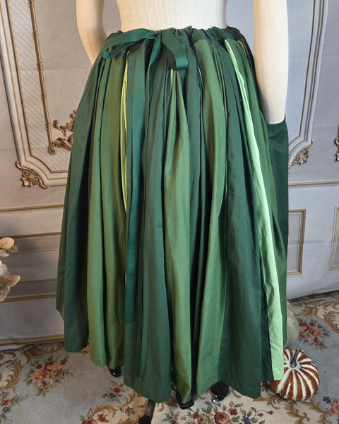Patchwork Midi Box Pleated Skirt - Tea Length Drawstring Skirt with Pockets Shades of Green