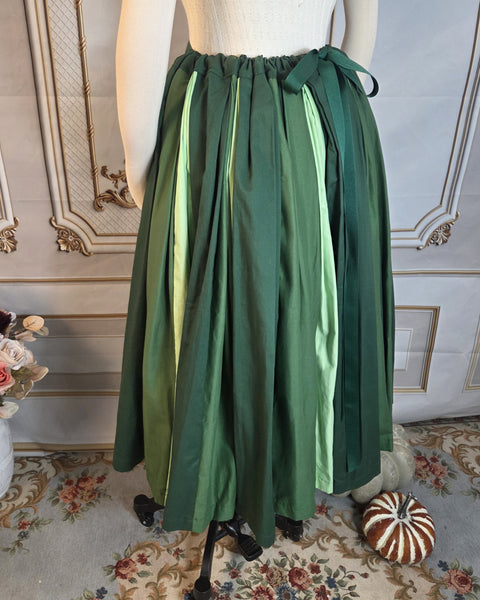 Patchwork Midi Box Pleated Skirt - Tea Length Drawstring Skirt with Pockets Shades of Green