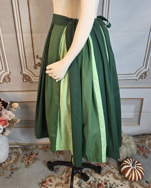 Patchwork Midi Box Pleated Skirt - Tea Length Drawstring Skirt with Pockets Shades of Green