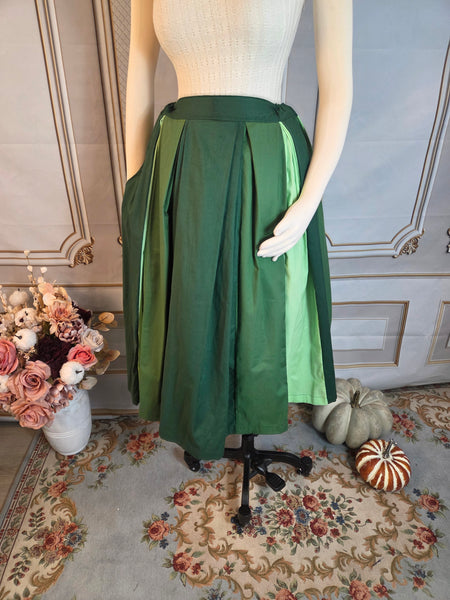 Patchwork Midi Box Pleated Skirt - Tea Length Drawstring Skirt with Pockets Shades of Green