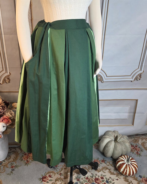 Patchwork Midi Box Pleated Skirt - Tea Length Drawstring Skirt with Pockets Shades of Green
